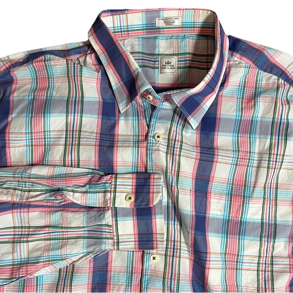 Peter Millar Shirt Blue Plaid Long Sleeve Button Down Casual Preppy Men’s XXL